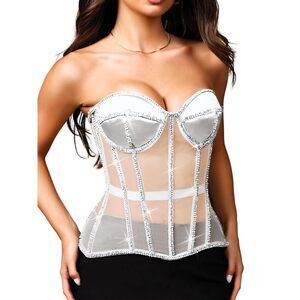 7615 Rhinestone Sheer Mesh Corset,Elegant Strapless Lace Up Corsets,Glitter